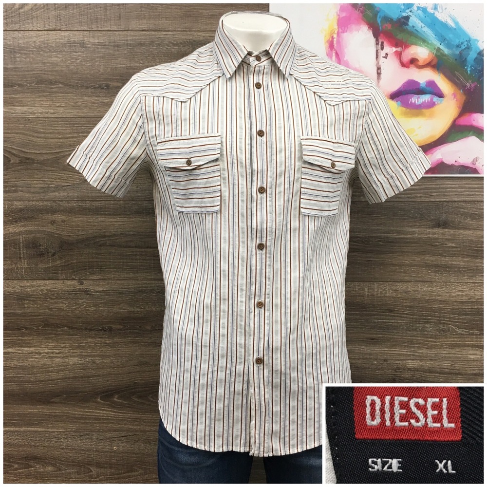 Diesel Mens Y2K XL Short Sleeve Western Stripe Button Up Shirt Brown Blue White